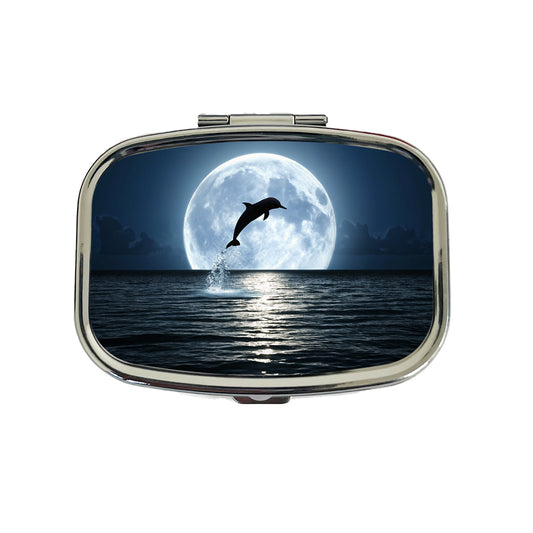 Dolphin Leaping Over Ocean Glowing Moon Travel Pill Box Case
