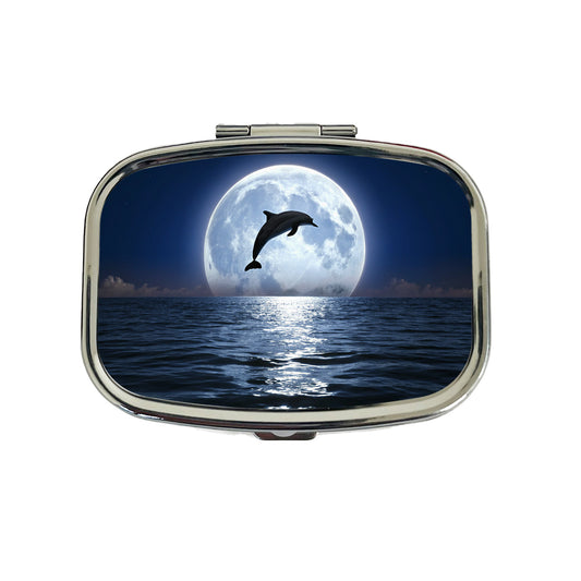 Dolphin Leaping Over Ocean Sea Full Moon Travel Pill Box Case