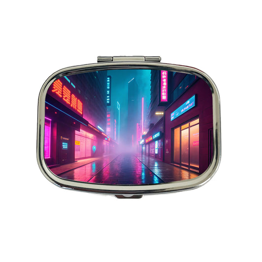Futuristic City Alley Night Glowing Signs Misty Travel Pill Box Case