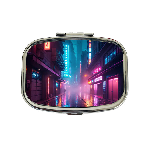 Futuristic City Alley Night Glowing Signs Travel Pill Box Case