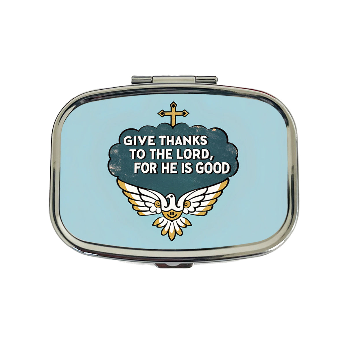 Give Thanks To The Lord For He Is Good Psalm Bible Verse Blue Travel Pill Box Case