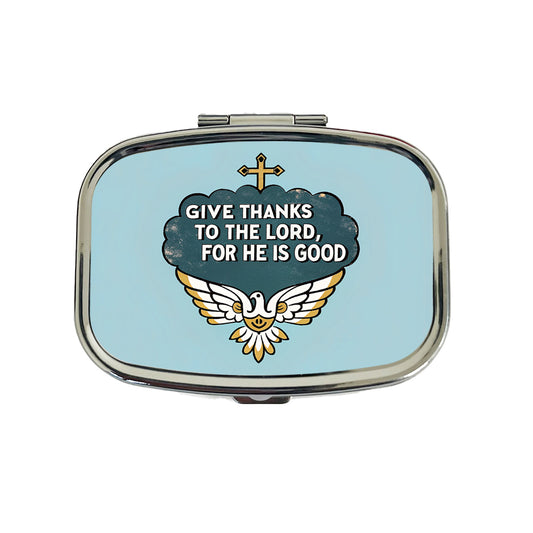 Give Thanks To The Lord For He Is Good Psalm Bible Verse Blue Travel Pill Box Case