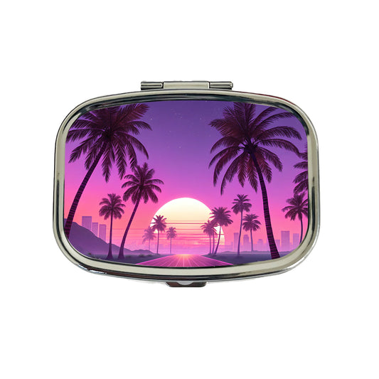 Neon Pinks Purples Palm Trees Sun Setting Travel Pill Box Case