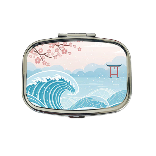 Ocean Waves Japanese Style Drawing Cherry Blossoms Travel Pill Box Case