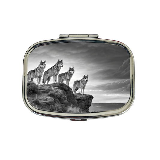 Pack Of Wolves On A Cliff Black White Travel Pill Box Case