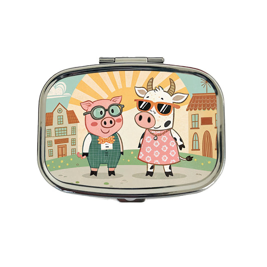 Pig And Cow Wearing Glasses Sunglasses Travel Pill Box Case