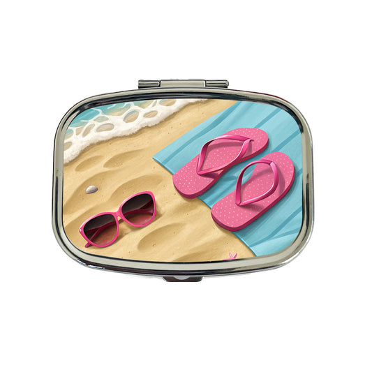 Pink Sunglasses Flip Flops Towel On Sand Beach Travel Pill Box Case