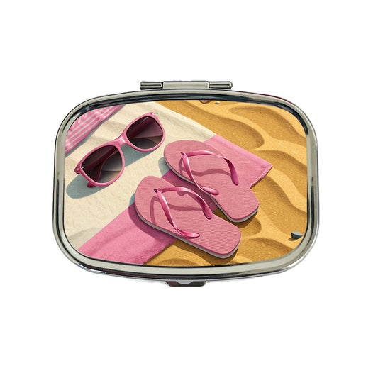 Pink Sunglasses Flip Flops Towel On Sand Cute Travel Pill Box Case