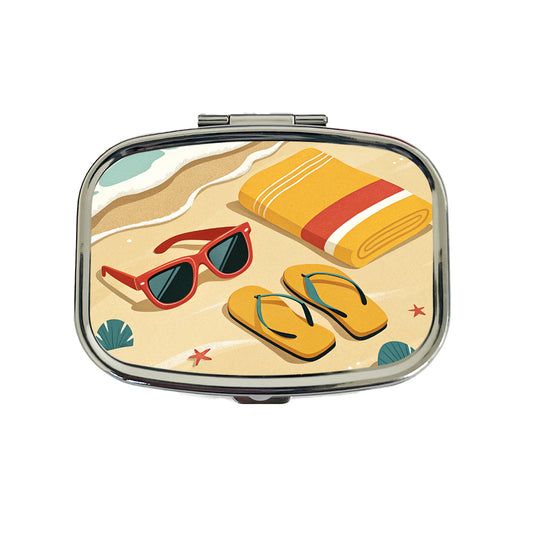 Retro Style Sunglasses Flip Flops Towel On Sandy Beach Travel Pill Box Case
