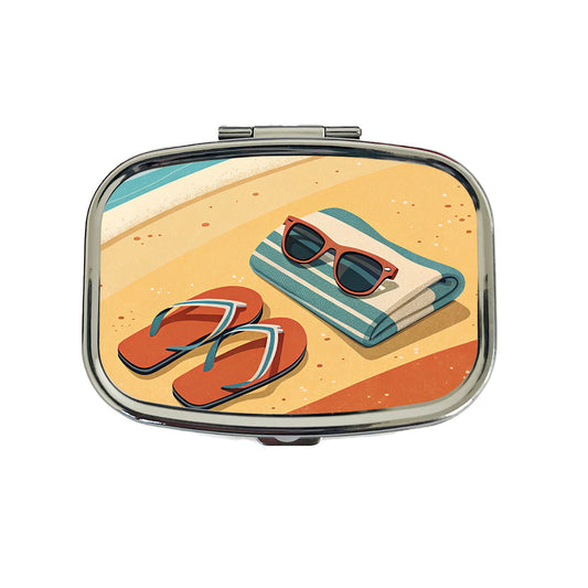 Retro Sunglasses Flip Flops Towel On Sand Beach Ocean Travel Pill Box Case