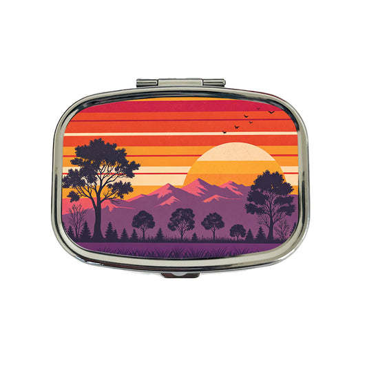 Retro Sunset Stripes Mountains Travel Pill Box Case