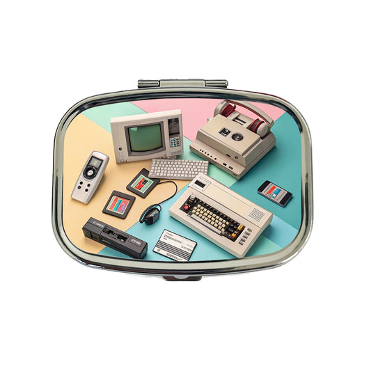 Retro Technology Collage Computer Travel Pill Box Case