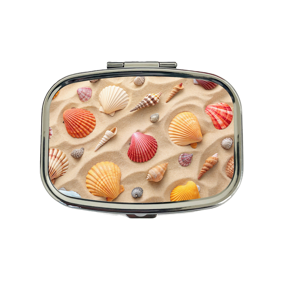 Seashell Collage On Sandy Background Beach Travel Pill Box Case