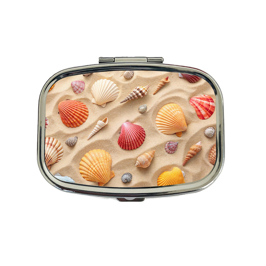 Seashell Collage On Sandy Background Beach Travel Pill Box Case