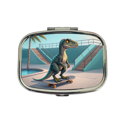 Skateboarding Raptor Dinosaur Funny Travel Pill Box Case