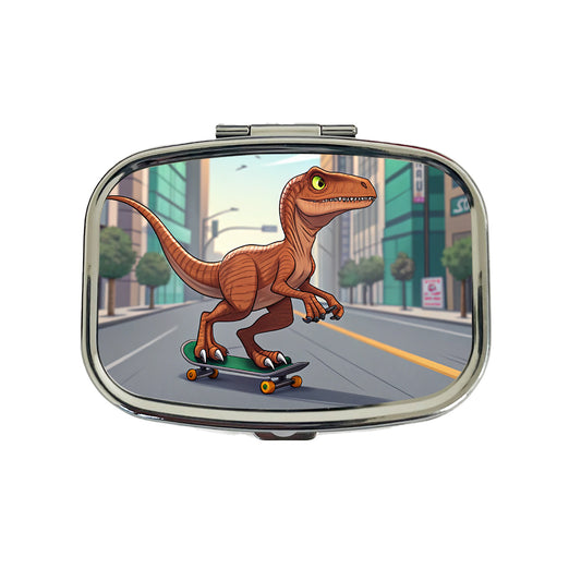 Skateboarding Raptor Dinosaur Travel Pill Box Case