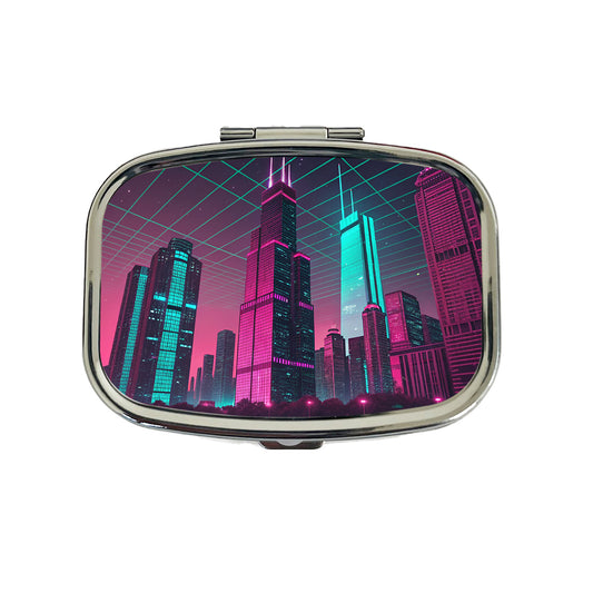 Skyscrapers Buildings Lit Pink Teal Travel Pill Box Case