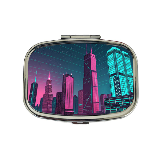Skyscrapers Lit Pink Teal Glitch Effects Travel Pill Box Case