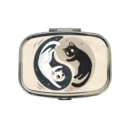 Two Cats Yin Yang Black White Travel Pill Box Case