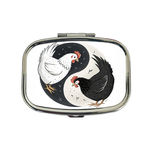 Two Chickens Yin Yang White Black Travel Pill Box Case