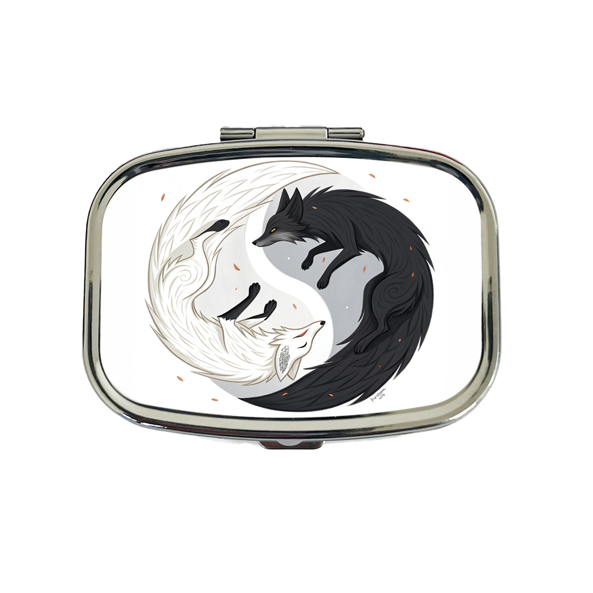 Two Foxes Yin Yang Black White Travel Pill Box Case