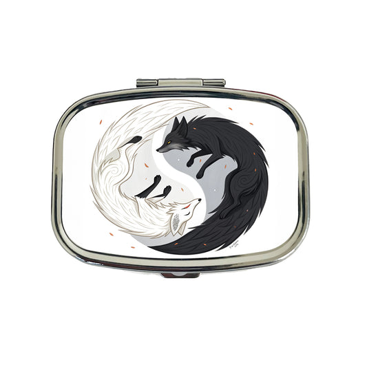Two Foxes Yin Yang Black White Travel Pill Box Case