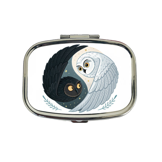 Two Owls Yin Yang Black White Travel Pill Box Case