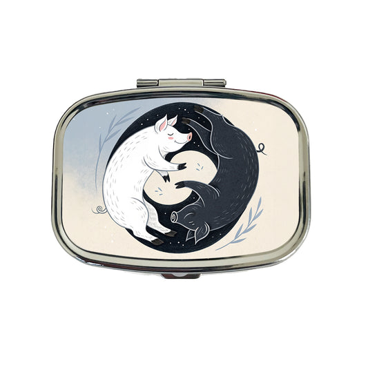Two Pigs Yin Yang Black White Travel Pill Box Case