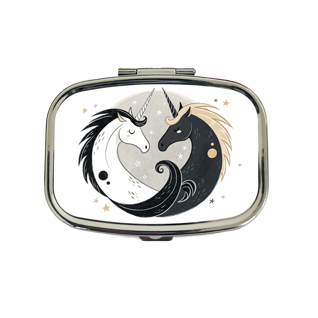 Two Unicorns Yin Yang Black White Travel Pill Box Case