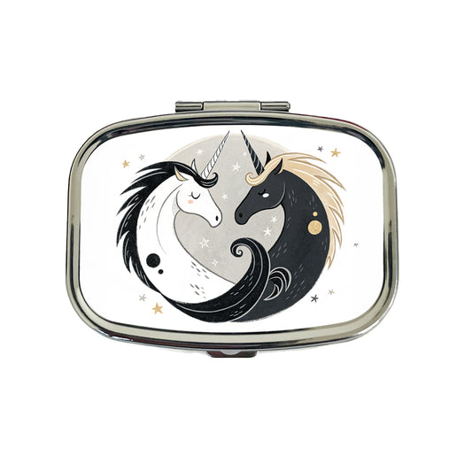 Two Unicorns Yin Yang Black White Travel Pill Box Case