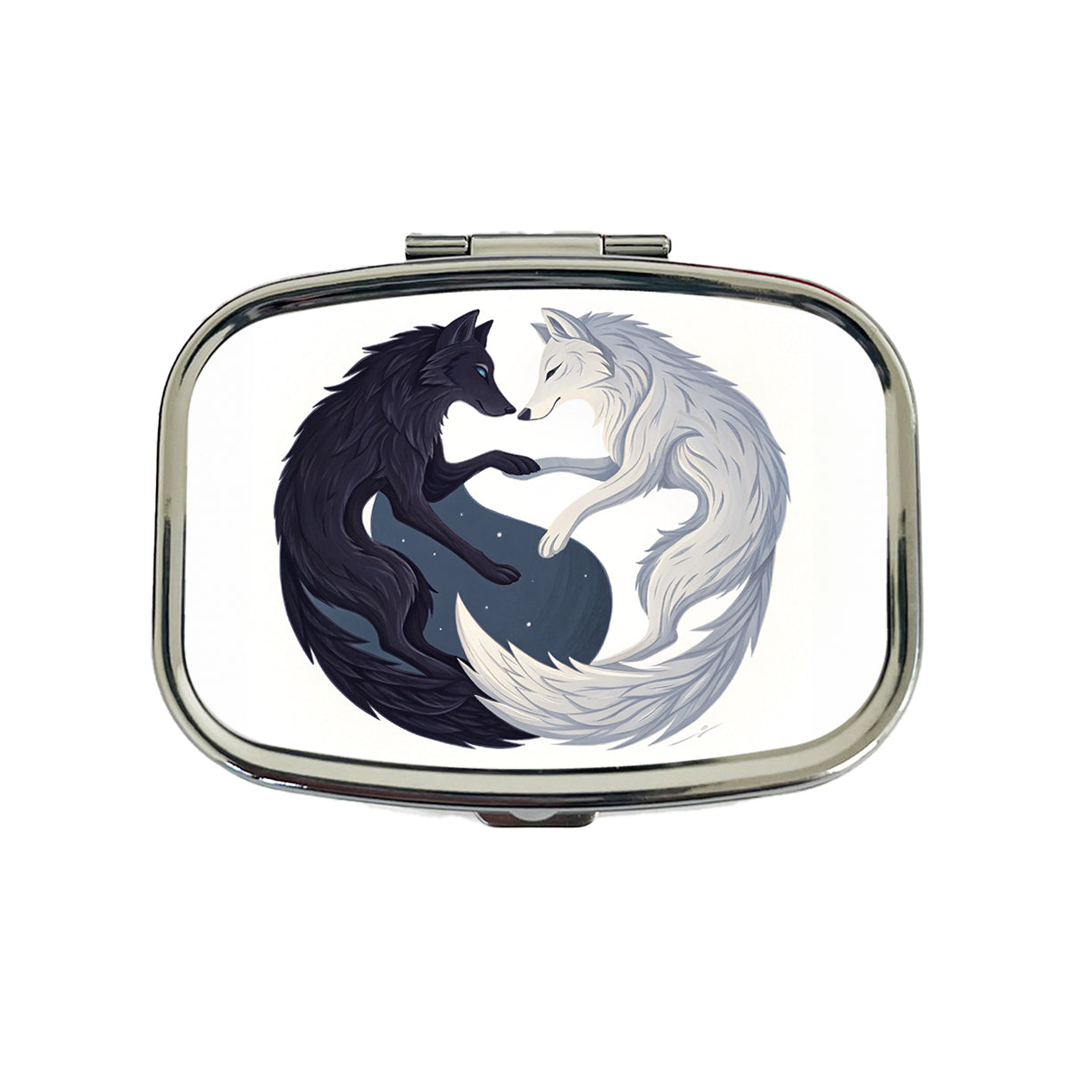 Two Wolves Yin Yang Black White Travel Pill Box Case