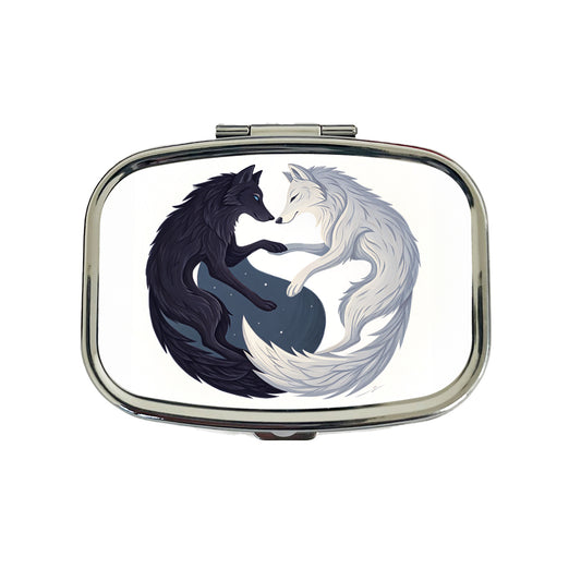 Two Wolves Yin Yang Black White Travel Pill Box Case