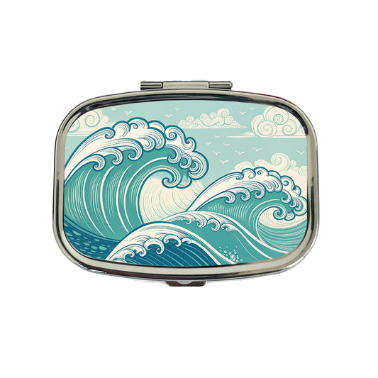 Vintage Ocean Waves Drawing Travel Pill Box Case