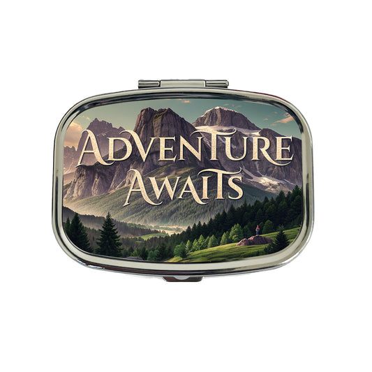 Adventure Awaits Mountains Hiking Camping Travel Pill Box Case