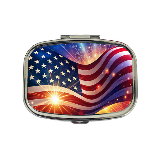 American Flag Sparkling Waving Patriotic Travel Pill Box Case