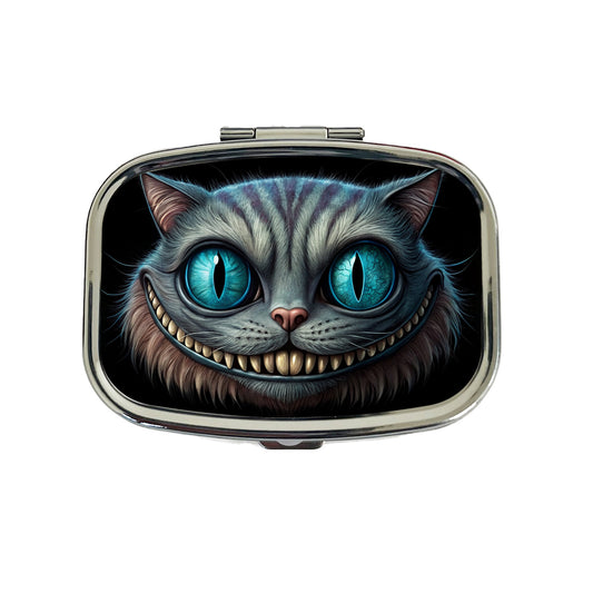 Creepy Cheshire Cat Grin on Black Travel Pill Box Case