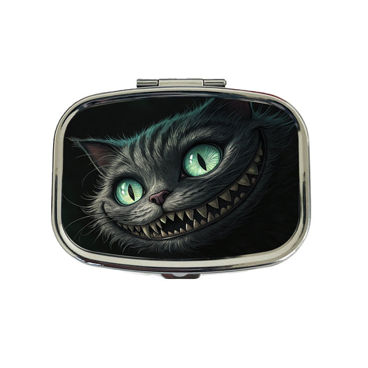 Evil Cheshire Cat Grinning On Black Travel Pill Box Case