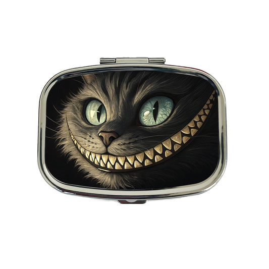 Funny Cheshire Cat Grin on Black Travel Pill Box Case