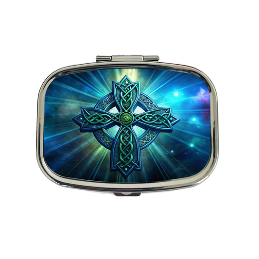 Irish Celtic Christian Cross Blue Green Travel Pill Box Case