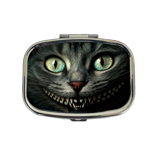 Mischievous Cheshire Cat Grin on Black Travel Pill Box Case