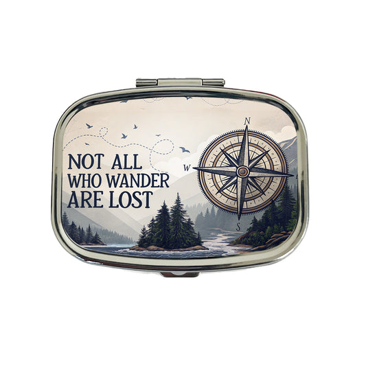 Not All Who Wander Are Lost Compass Hiking Travel Pill Box Case