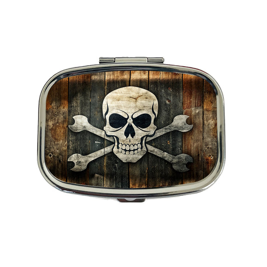 Pirate Skull And Crossbones Jolly Roger Rustic Planks Travel Pill Box Case