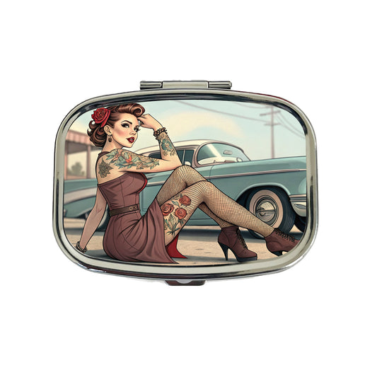 Rockabilly Retro 50's Pin-Up Girl With Tattoos Travel Pill Box Case