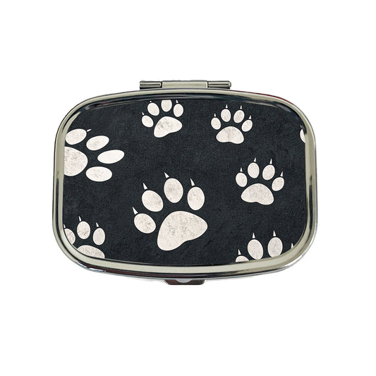 White Paw Prints On Black Pattern Travel Pill Box Case