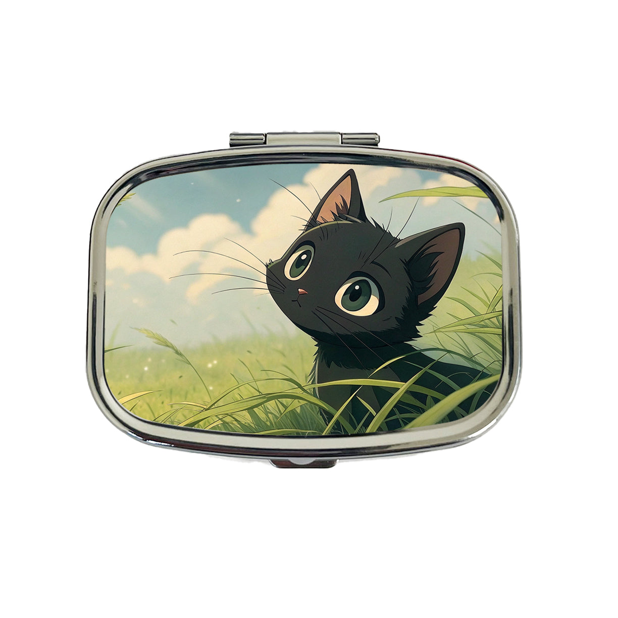 Black Kitten Cat in Field of Grass Anime Style Travel Pill Box Case