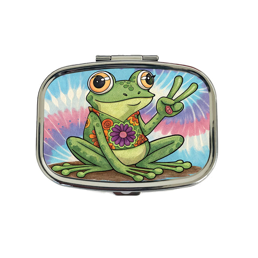 Frog Giving Peace Sign Tie-Dye Cartoon Travel Pill Box Case