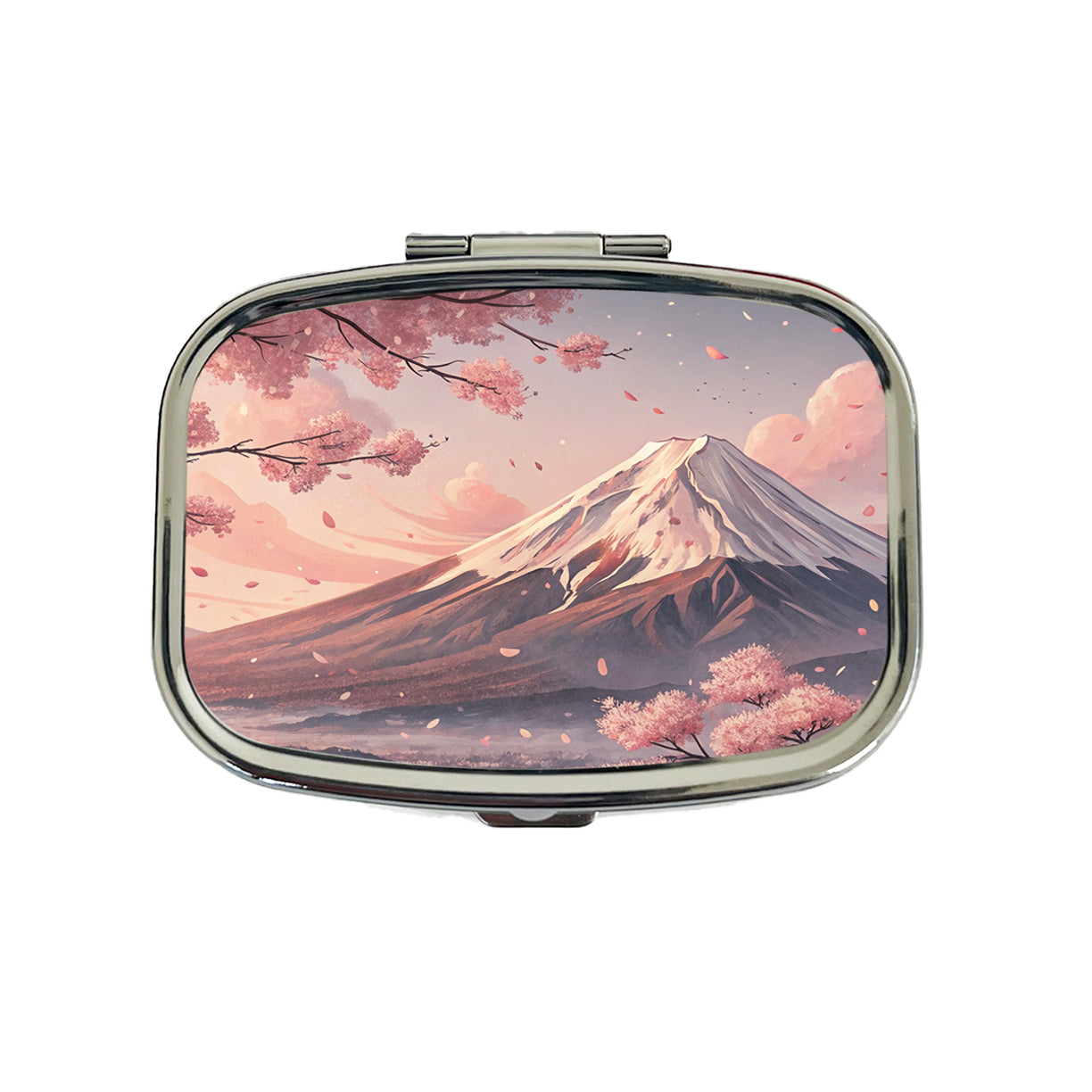 Mount Fuji Blooming Sakura Trees Japanese Illustration Travel Pill Box Case