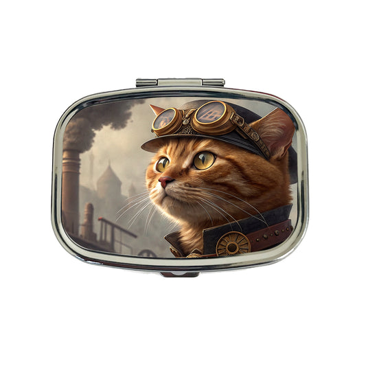 Orange Tabby Cat Steampunk Travel Pill Box Case