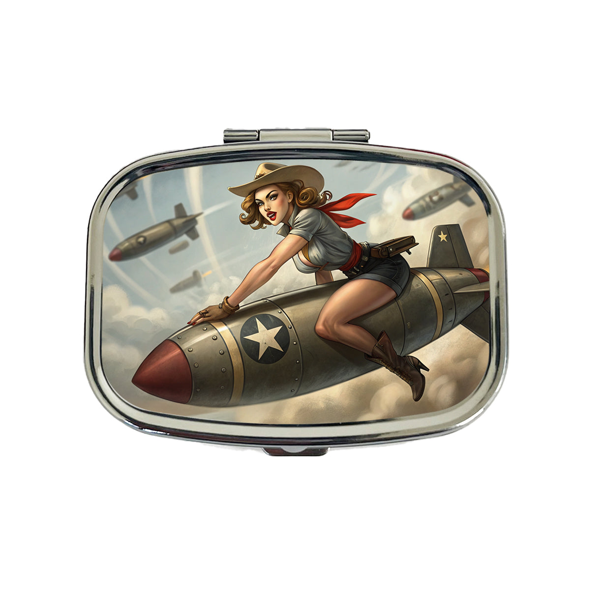 Rockabilly Patriotic Pin-Up Cowgirl Riding Bomb Funny Travel Pill Box Case
