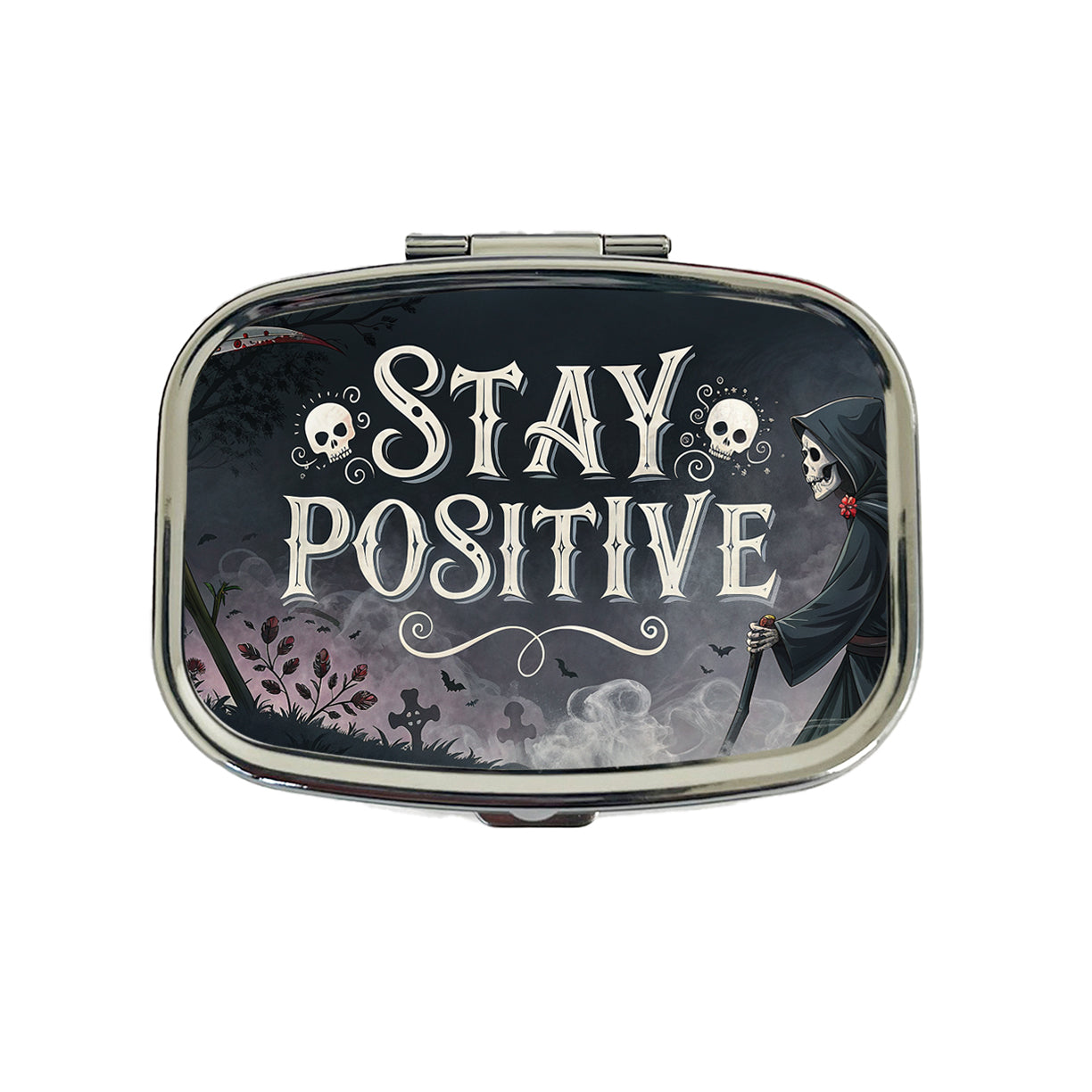 Stay Positive Funny Grim Reaper Death Cartoon Travel Pill Box Case